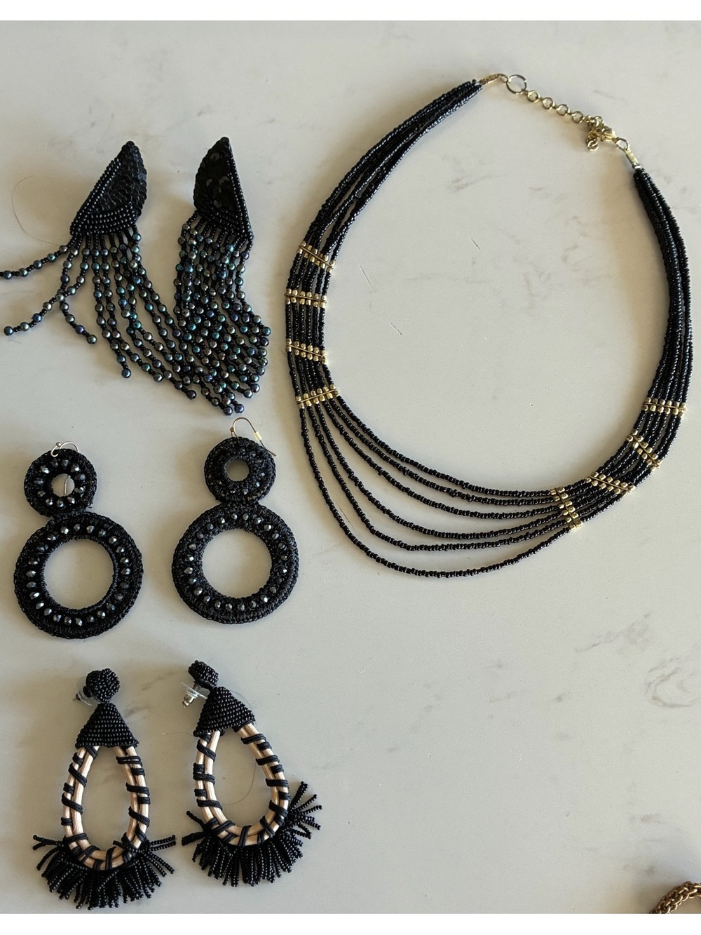 Assorted Beaded earrings and Multi-Strand Necklace with Gold Accents